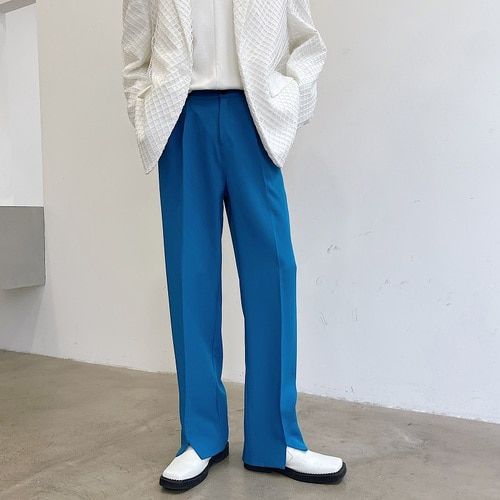 Trend ple Men's Casual Trousers Hem Open Hem Suit Pant Male Fashion Loose Korean Streetwear Straight Pants Man