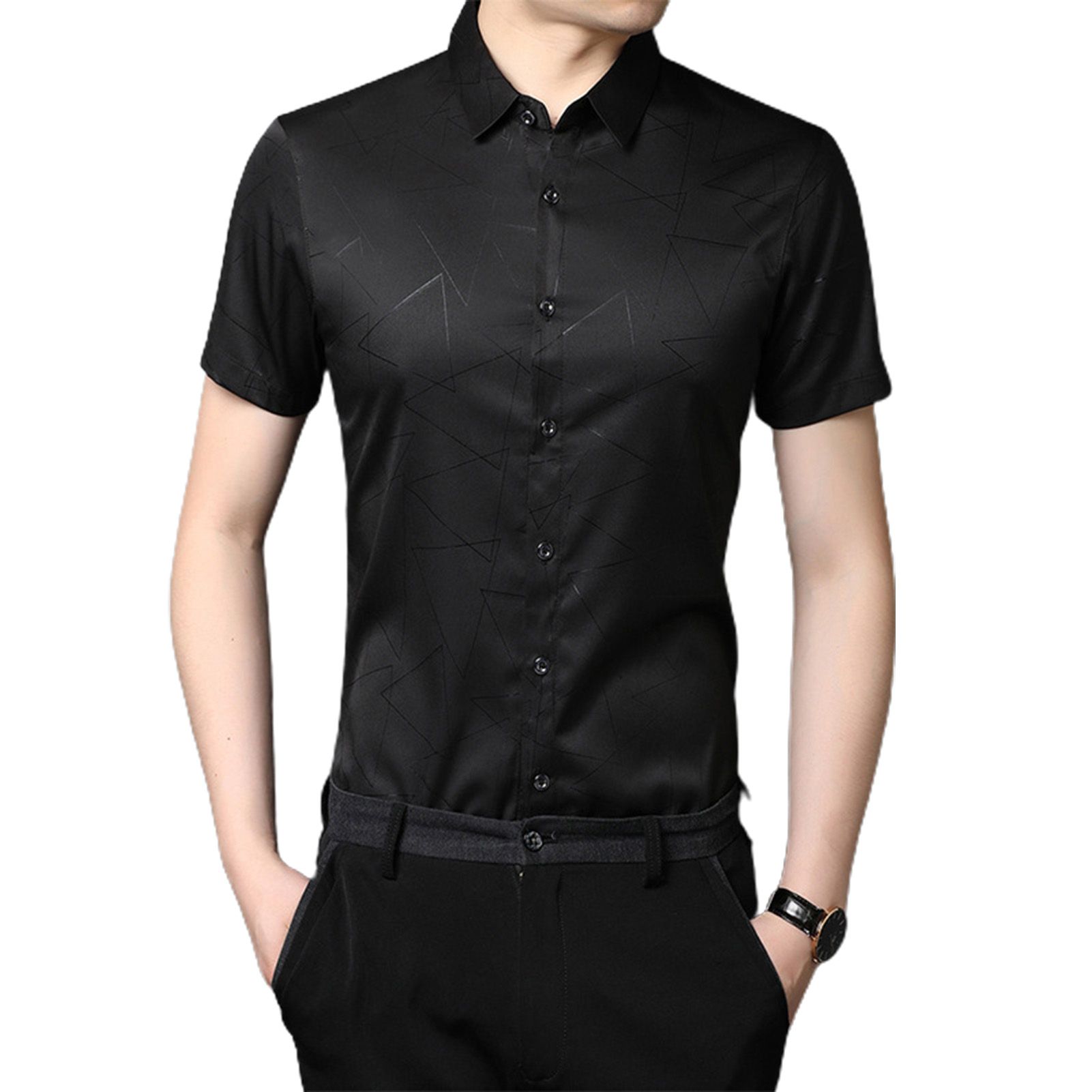 Men Social Shirt Geometric Print Breathable Summer Lapel Short Sleeve Top for Business