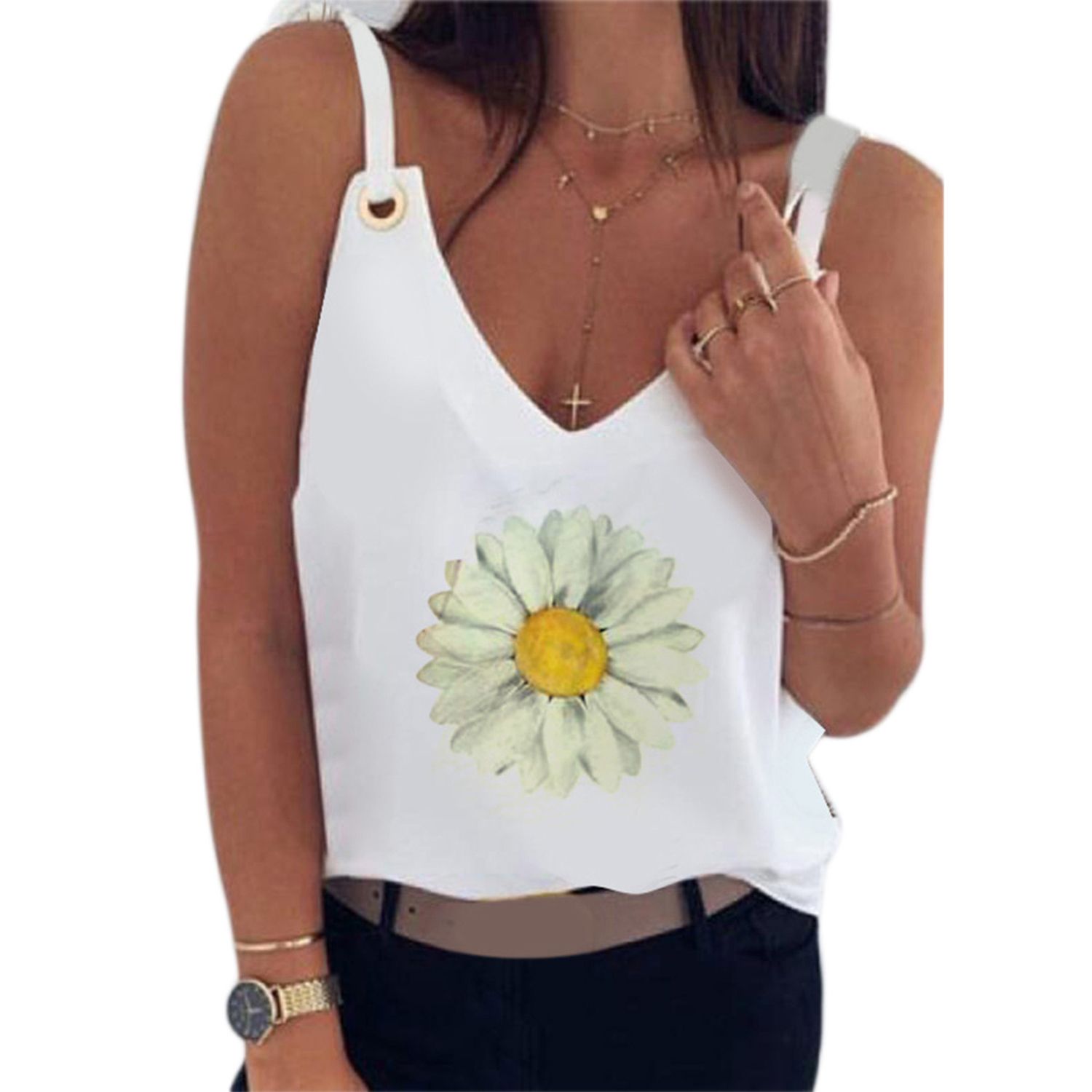 New Women Fashion V-neck Print Tank Top Vest Top Summer Casual Sleeveless Tops for Ladies