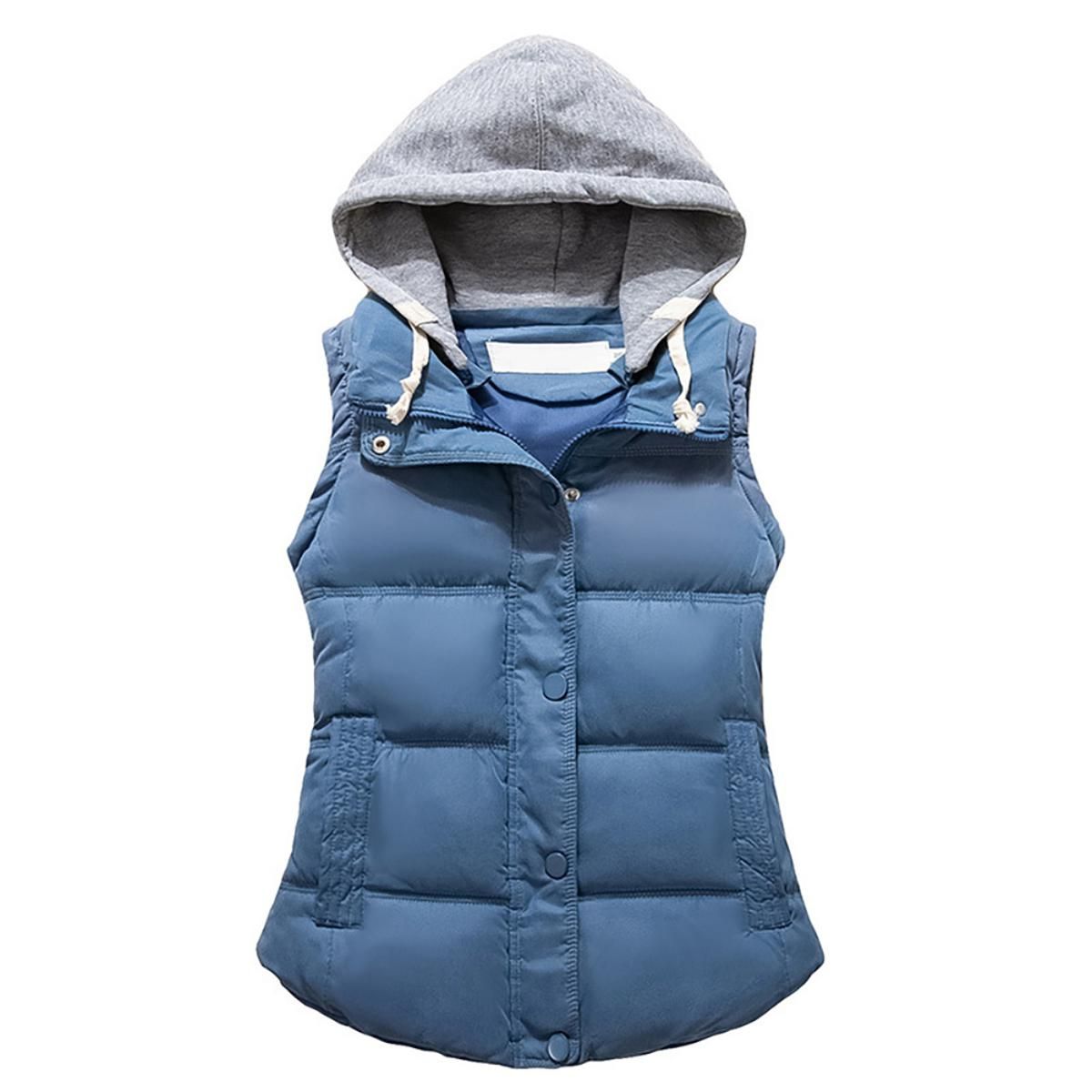 Women Autumn Winter Down Vest Zip Button Pocket Removable Hooded Waistcoat