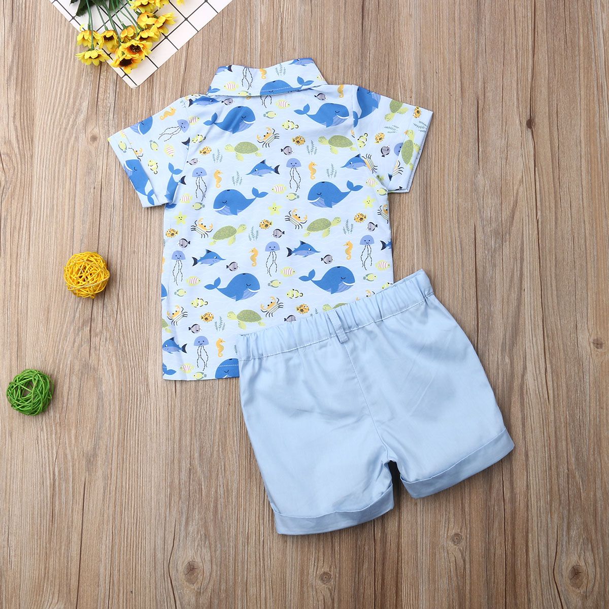 Baby Boy's Summer Outfit Sets Short Sleeve Whale Print Button Down Shirt Top + Solid Color Shorts