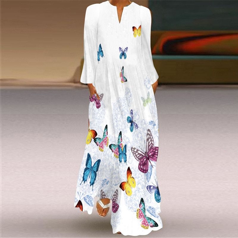 Flower Printed Long Autumn Pocket  V-neck Long Sleeve Dresses for Women Party Bohemian Ankle-Length Vintage Dress Plus Size