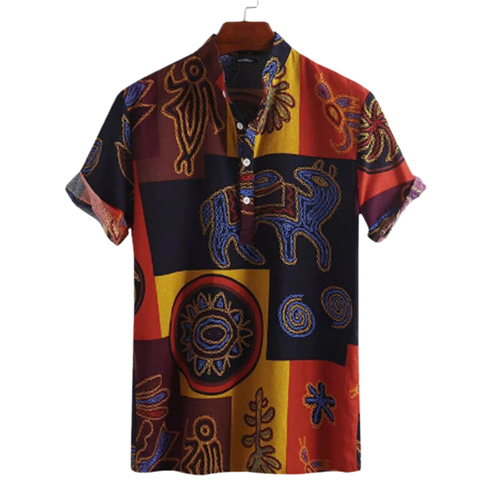 Short Sleeve Men Shirt Stand Collar Casual Retro Printing Ethnic Style Pullover Shirt Beachwear