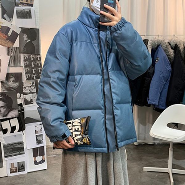 YASUGUOJI Fashion Stand Collar Men`s Pu Leather Cotton Padded Jacket Slim Winter Coat Men Parka Thicken Puffer Jacket Men