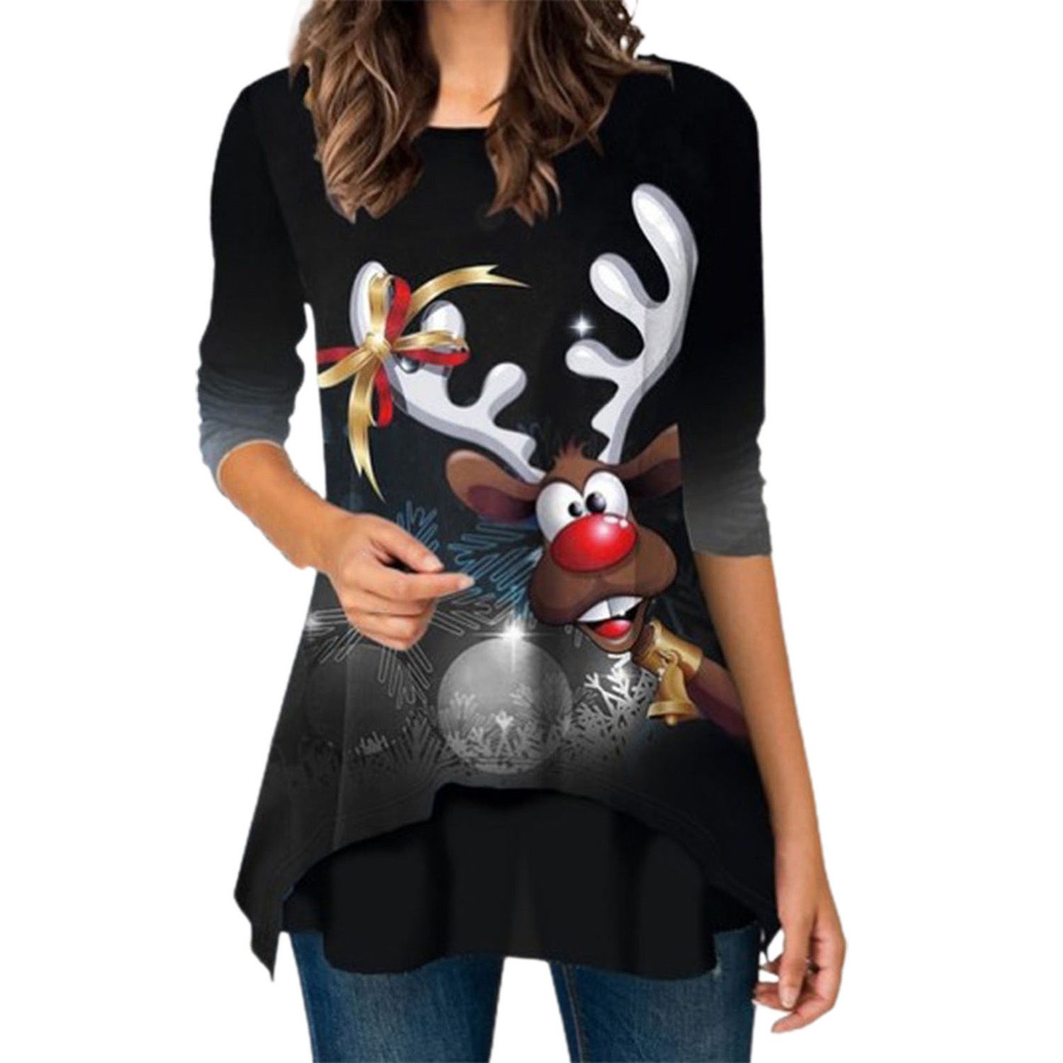 Winter Shirt Long Sleeve Great Stitching Xmas Printed Lady Top