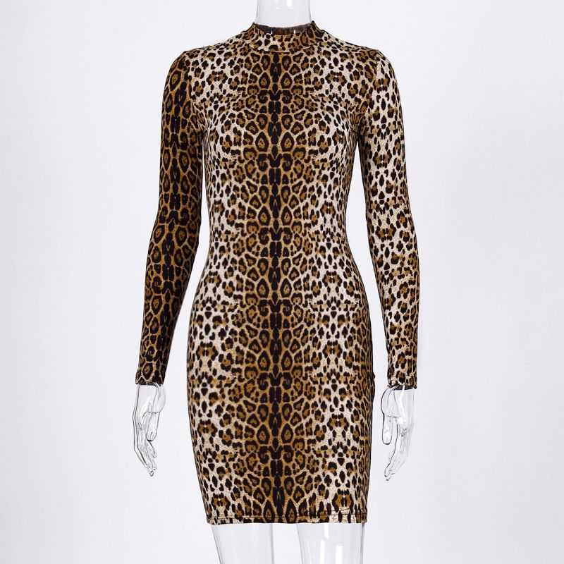 Hugcitar leopard print long sleeve slim bodycon  dress 2021 autumn winter women streetwear party festival dresses outfits