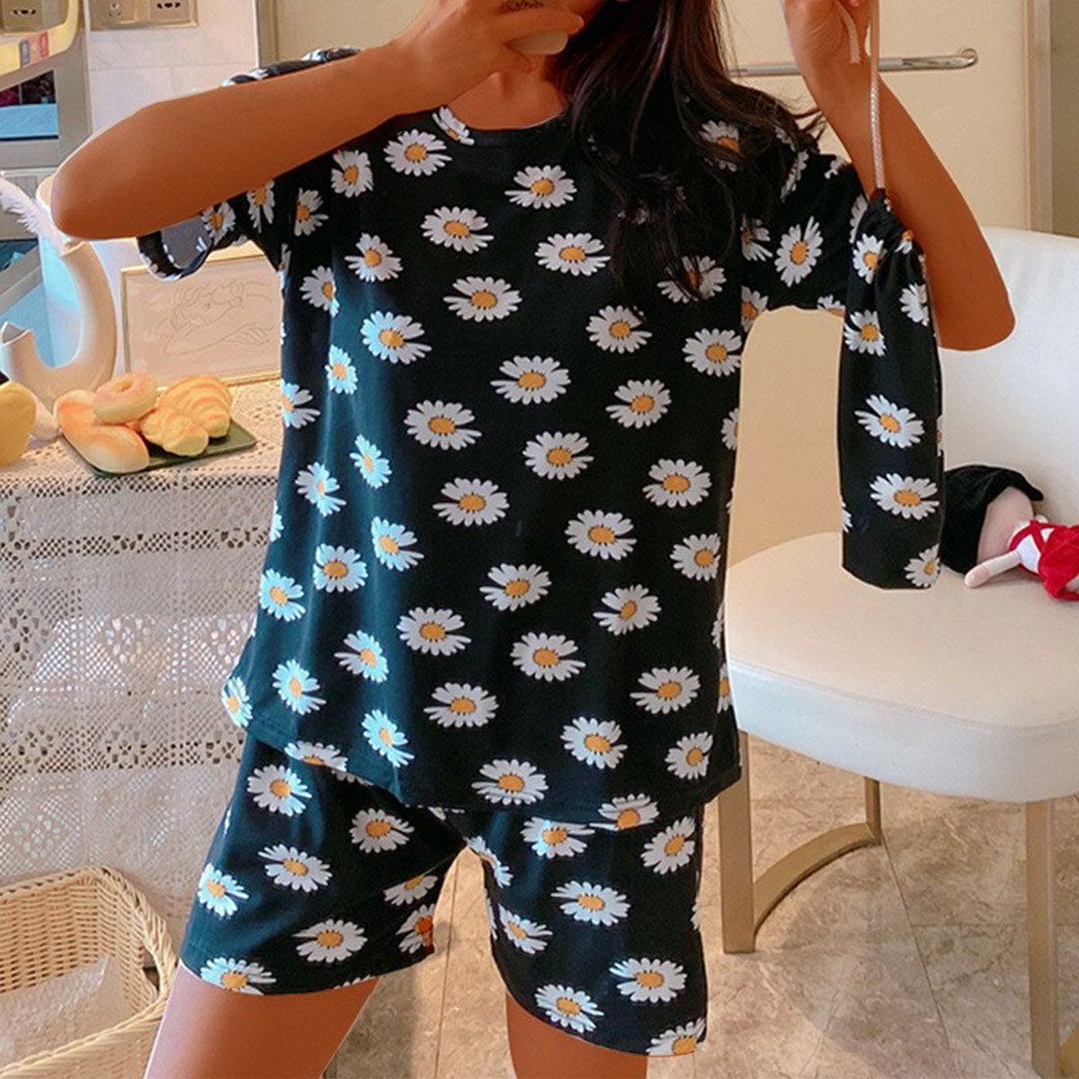 Cute Orange Fruit Print Summer Pajamas Set For Women Girls Long Sleeve Loose Casual Sleepwear T-Shirts and Shorts Pjs Homewear