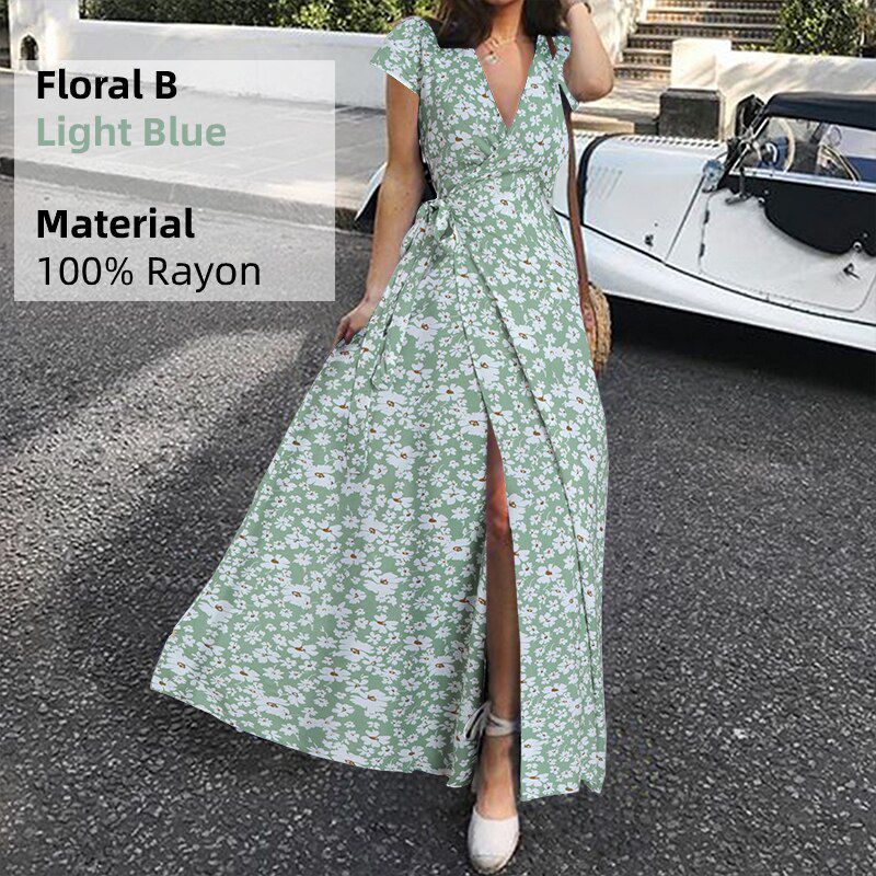Celmia Women 2021 Summer Maxi Dress Bohemian Flower Print Split Sundress Sexy V-Neck Short Sleeve Bandage Long Vestidos Robe