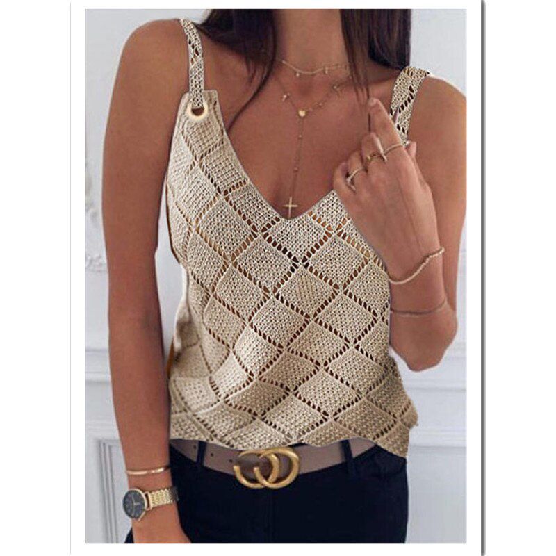 Summer Women Camisole Hollow out t Shirt Sleevelss V Neck Slim Sling Kniting Cross Camisole Club Beach Women Tops