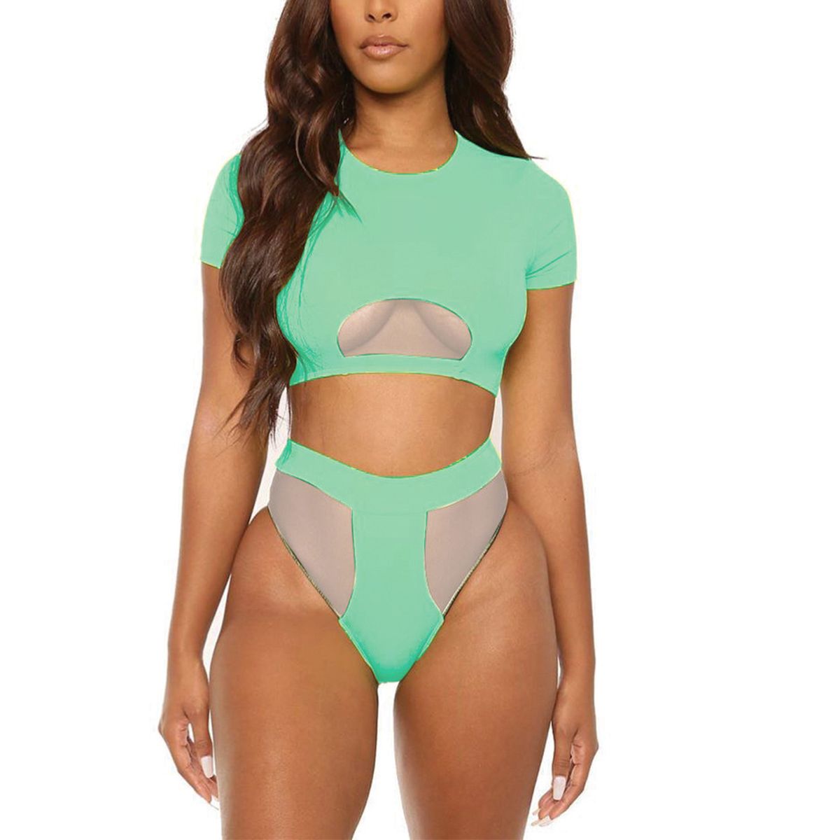 Ladies Summer Split Swimsuit Set, Adults Women Solid Color/Leopard Point Round Collar Short Sleeve Top + High Waist Swimming Trunks  Swimwear Kit
