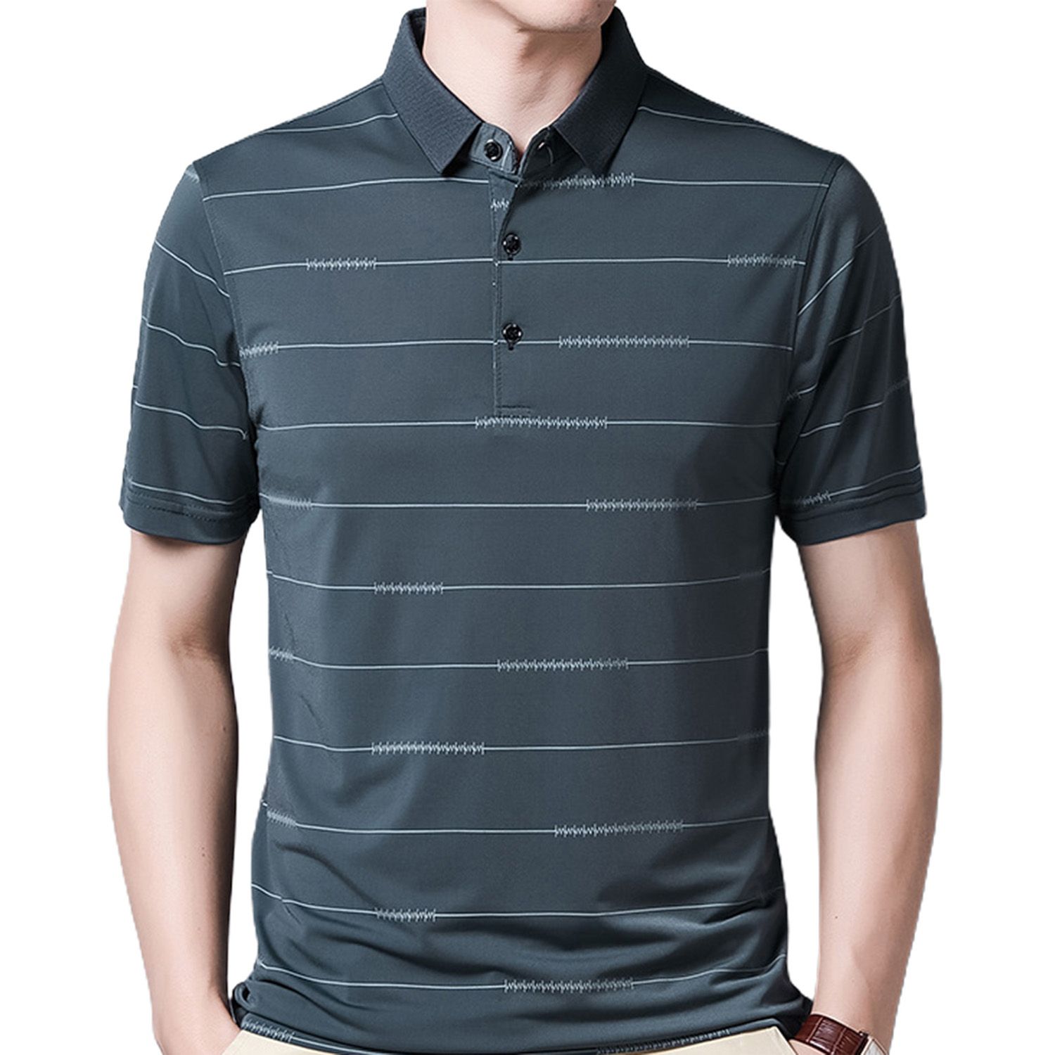 T-shirt Striped Short Sleeve Men Turn Down Collar Shirt Top for Summer