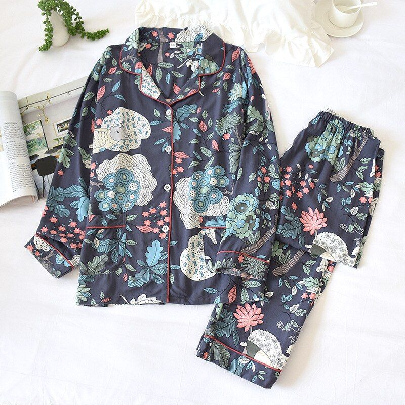 100% Viscose Women Pajamas Casual  Long Sleeve Sleepwear Pajamas Set Printed Pockets Summer Cool Pyjama Suit Femmel