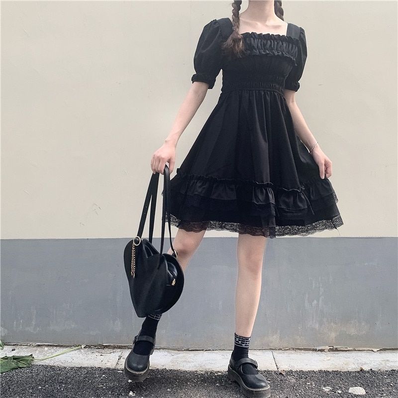 Jnese Lolita Style Women Princess Black Mini Dress Slash Neck High Waist Gothic Dress Puff Sleeve Lace Ruffles Party Dresses