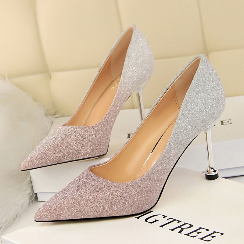 【ALLGOOD】Size 34-40 High heels Korean Version Of Fashion Fine With High-heeled Shallow Mouth Pointed Shiny Color Gradient Color Matching Shoes High Heel Women's Shoes