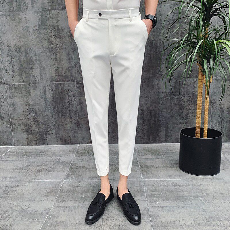 British Style Ankle Length Spring Summer Men Dress Pants Stretched ple Slim Fit Casual Office Trousers Formal Wear