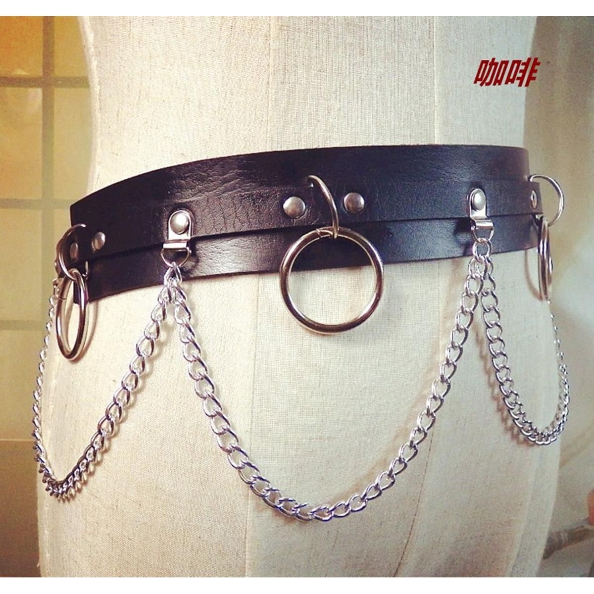 Hot Fashion Women Punk Leather Belt Laser Metal Chain RingWaist Strap Street Dance Decor