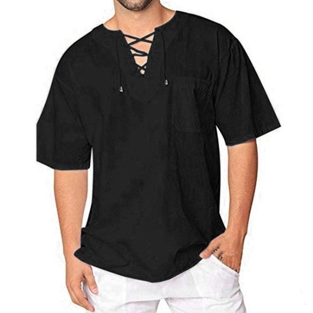 Men Fashion Solid Color Short Sleeve Bandage V Neck T-Shirt Baggy Blouse Top