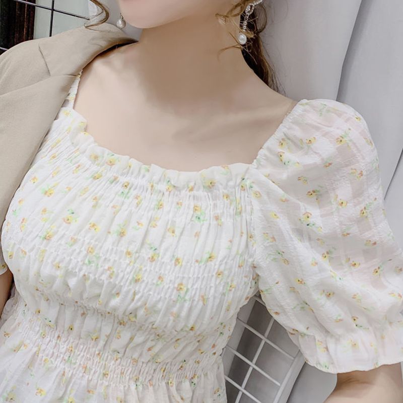 Women Floral Chiffon Shirt, Adults Summer Smocked Puff Sleeve Square Collar Pullover