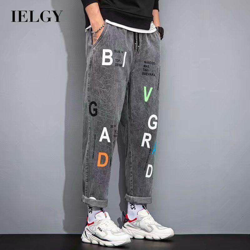 IELGY men's loose all match graffiti ninth jeans