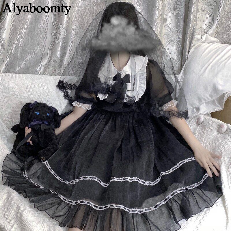 Japanese Lolita Style Summer Women Party Dress Peter Pan Collar Blue Black Pink Dress Cute Kawaii Ruffles Cosplay Costume