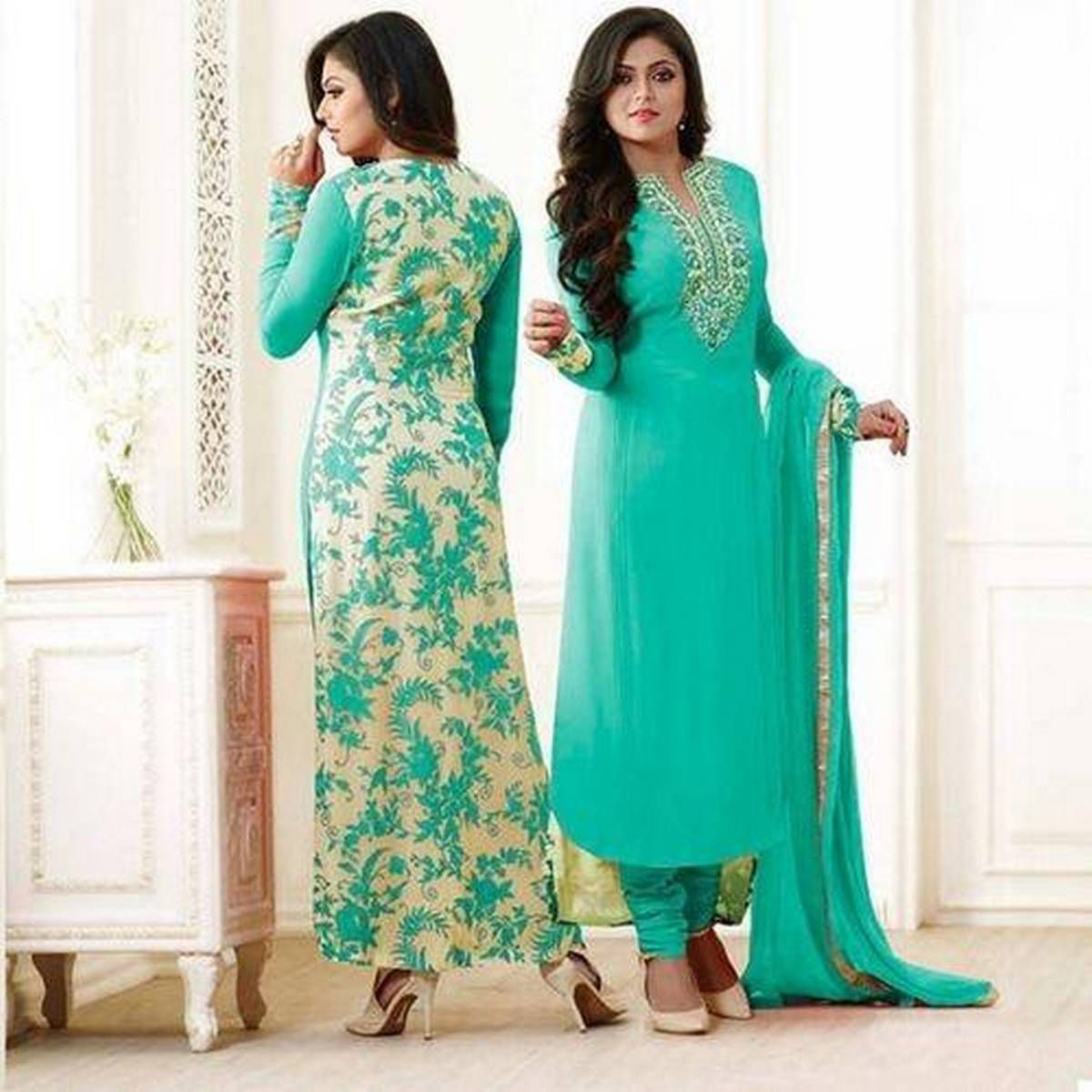 Cyan  Cotton  Unstitched  Printed  Salwar Kameez  For  Women