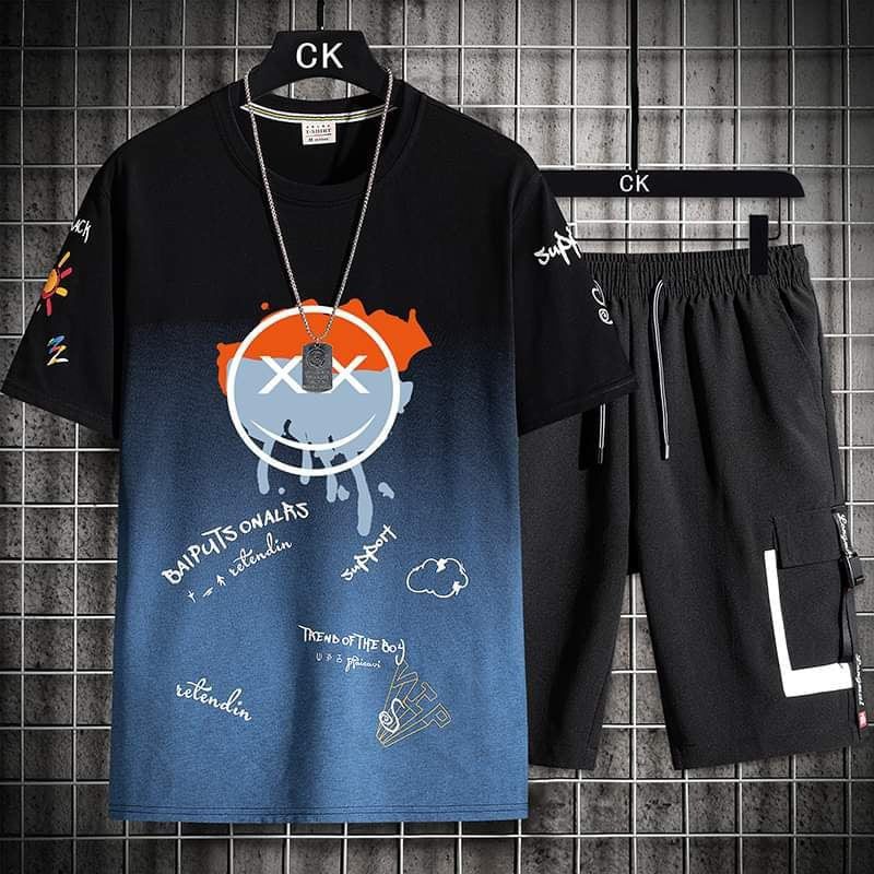 Black & Blue color stylist printed Cotton Half Sleeve T-Shirt ( Set )for Men
