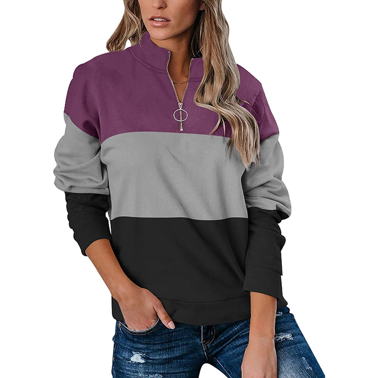 Women Blouse All-Match Zipper Neck Striped Patchwork Color Top