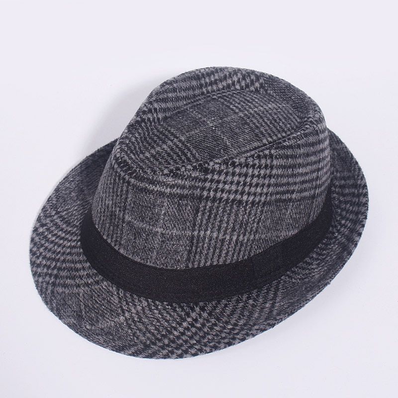 Brand Fedora Hat Faux Woolen Felt Mens Winter Cap Outdoor Gentleman Top Plaid Pattern Hats Derby Chapeau Fedoras