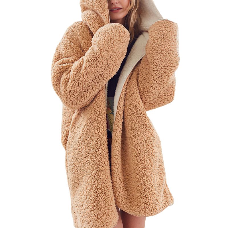 Female Woolen Coat, Solid Color Long Sleeve Hooded Cardigan Jacket for Fall Winter, Khaki/Black, S/M/L