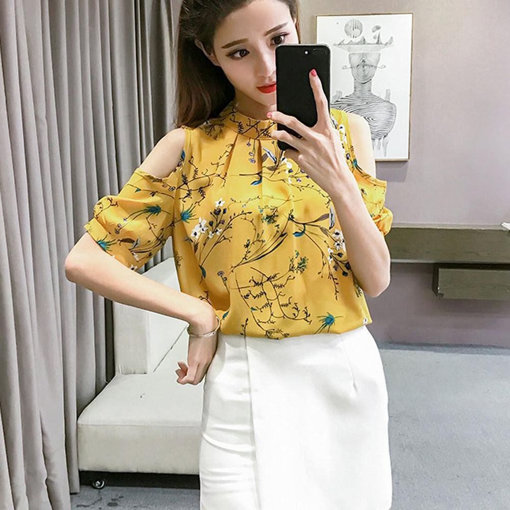 Summer Women Floral Printing Casual Off Shoulder Chiffon Print T-shirt Blouse