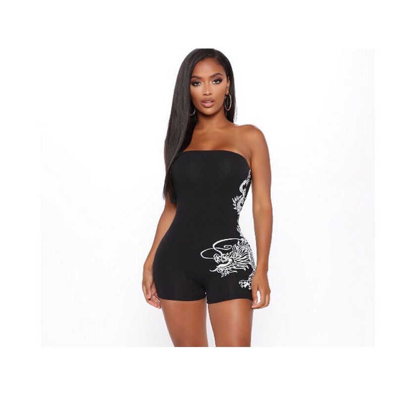 Women's Dragon Printed Jumpsuit Summer Fashion  Slim Fit Tube Top Bodysuit Solid Color