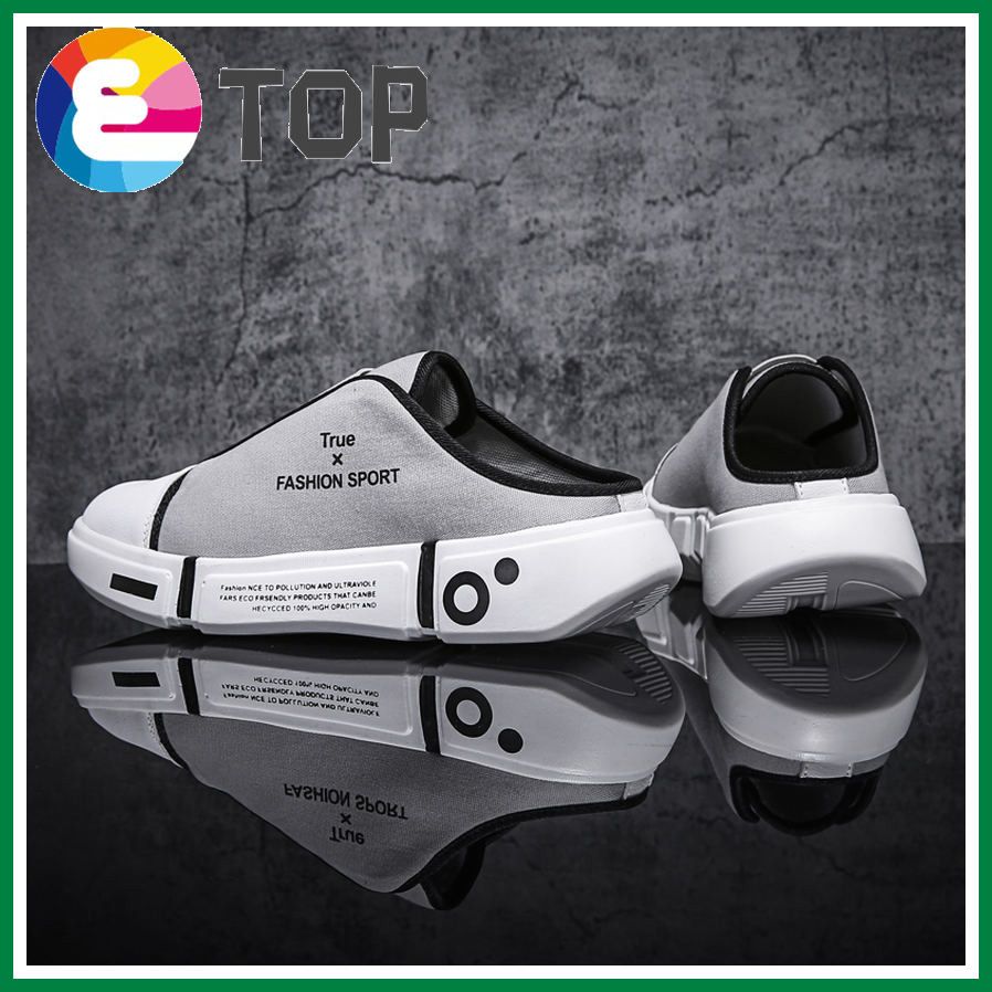 Half Shoes for Men Korean Slip on Mules Leather White Sneakers Summer Half Slippers Sandals Half Lazy Shoes Backless Flat Loafers Fashion Student Shoes