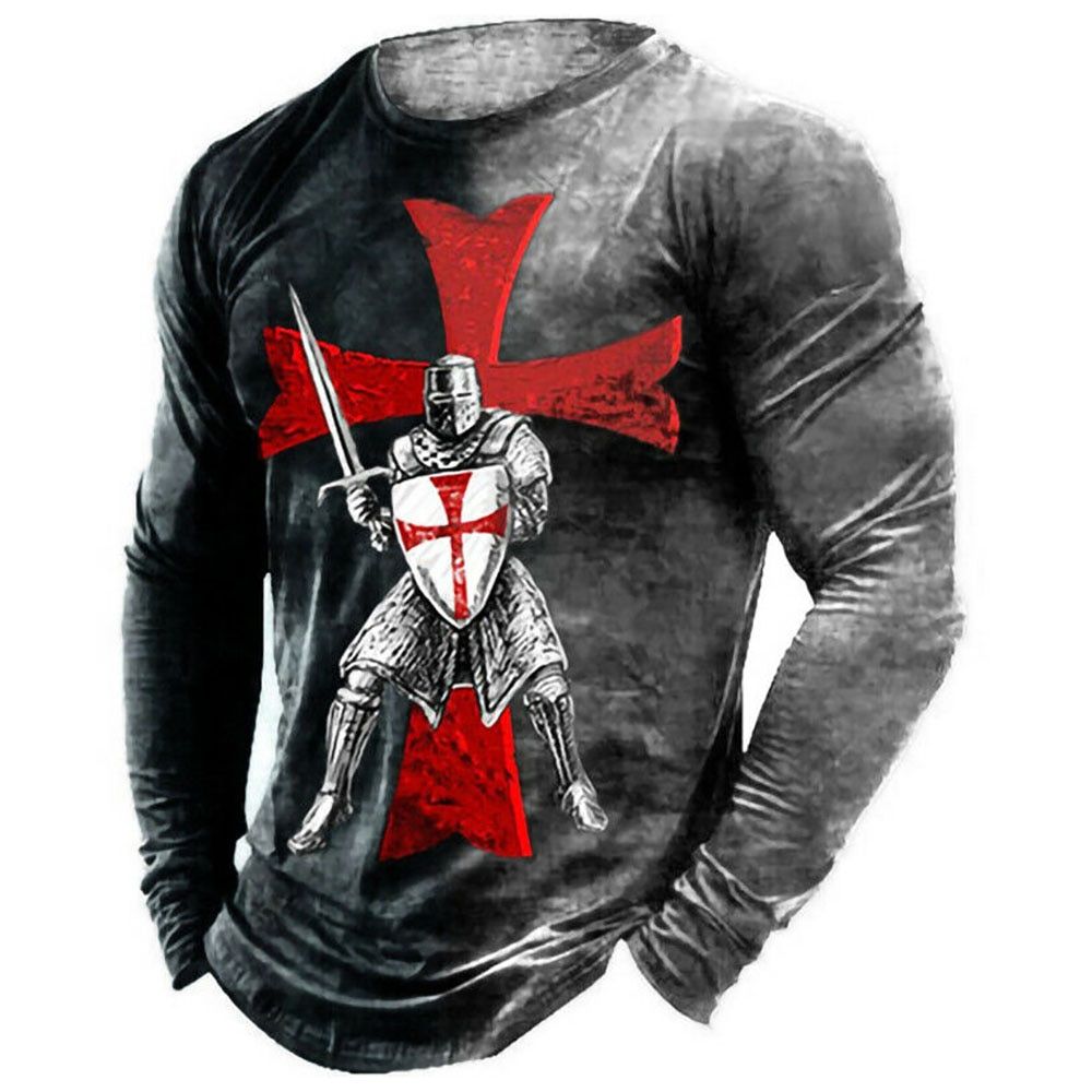 Vintage Print Tshirt 3d Templar Shirt Us Long Sleeve Street  Hop Loose Crew Neck Fall Top Plus Size Men Pullover Clothes