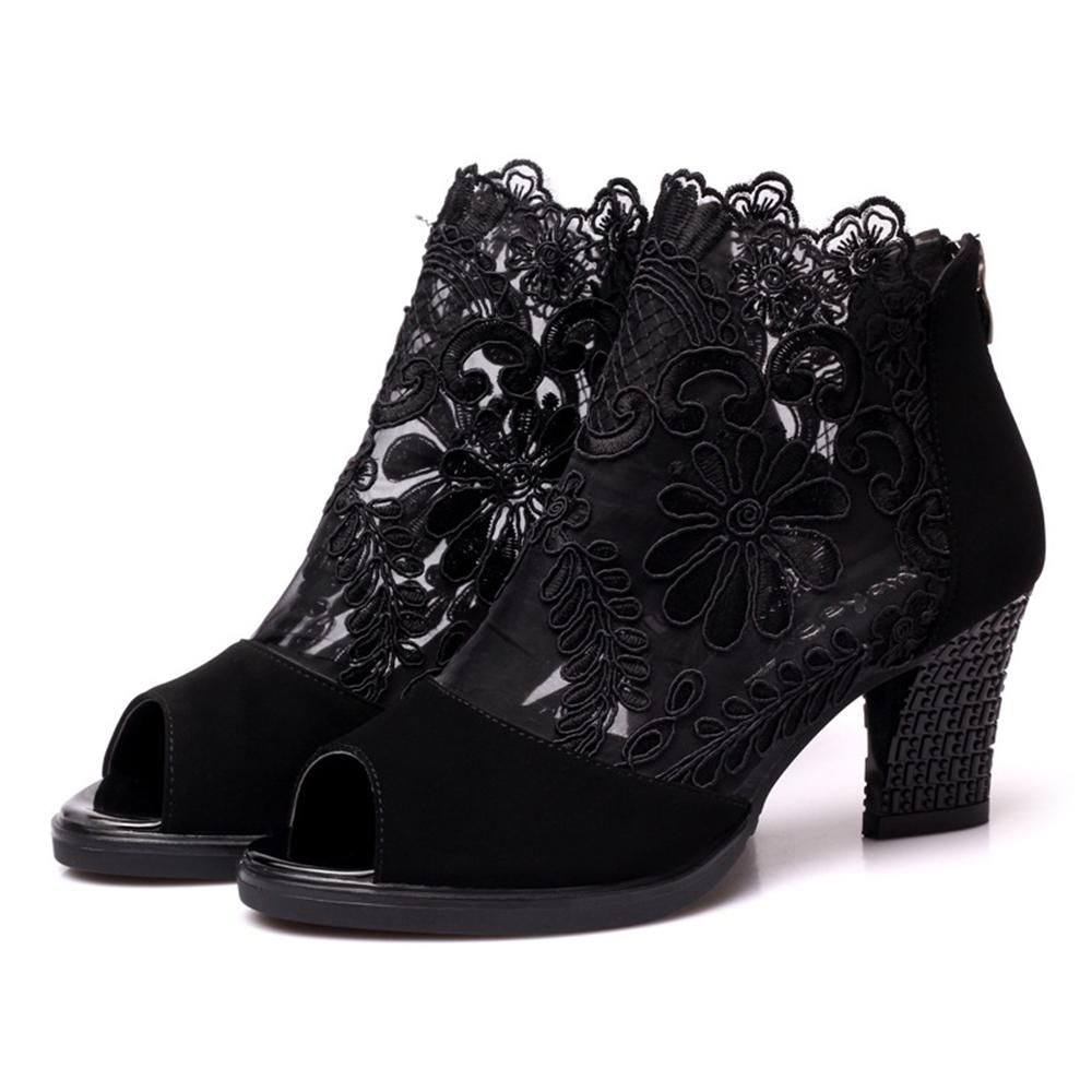 【ALLGOOD】Women's High Heel Perspective Shoes Ankle Fish mouth Boots Fashion Openwork Mesh Gauze Soft Bottom Zipper Lace Roman Sandal