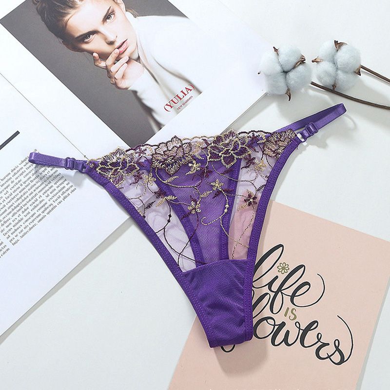 Chiffon Thongs for Women Floral Embroidery T-Back Adjustable Girdle Panties Girls' Underpants Cotton Crotch