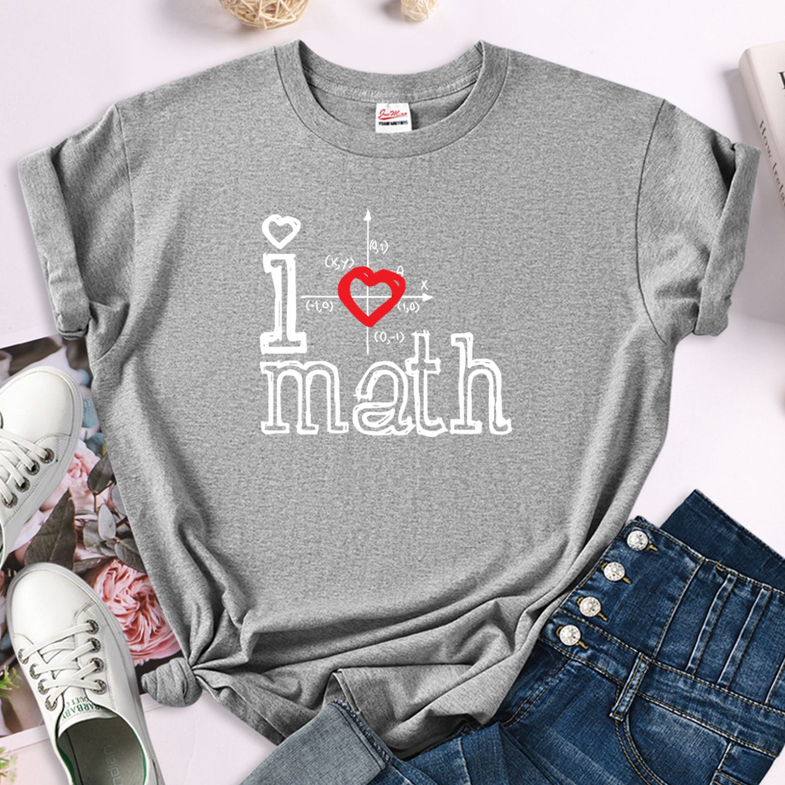Women Tee Top Soft Wear Printed Heart Women Pullover T-shirt