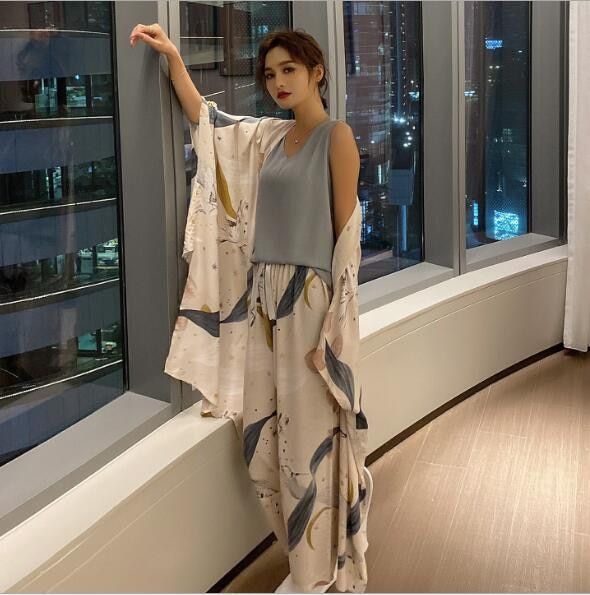 4 Piece Spring Summer Women Pajamas Sets Floral Printed Viscose Robe Top and Shorts Female Sleepwear Night Suit