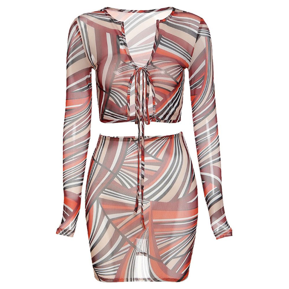 Women’s Long Sleeve Midi Skirt Suit Fashion Irregular Print Lace up Exposed Navel Top and High-waist Skirt
