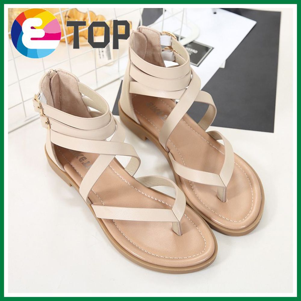 Strap Sandals Leather Upper Flat Shoes Women Dinner Dress Party Strappy Ladies Shoes Roman Clip Toe Low Heel Office Weaer