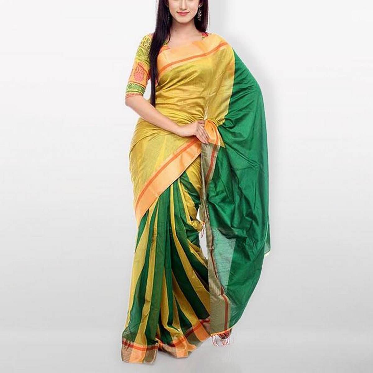 Yellow  and  Green  Silk  Meser  Kathi  Saree  For  Women