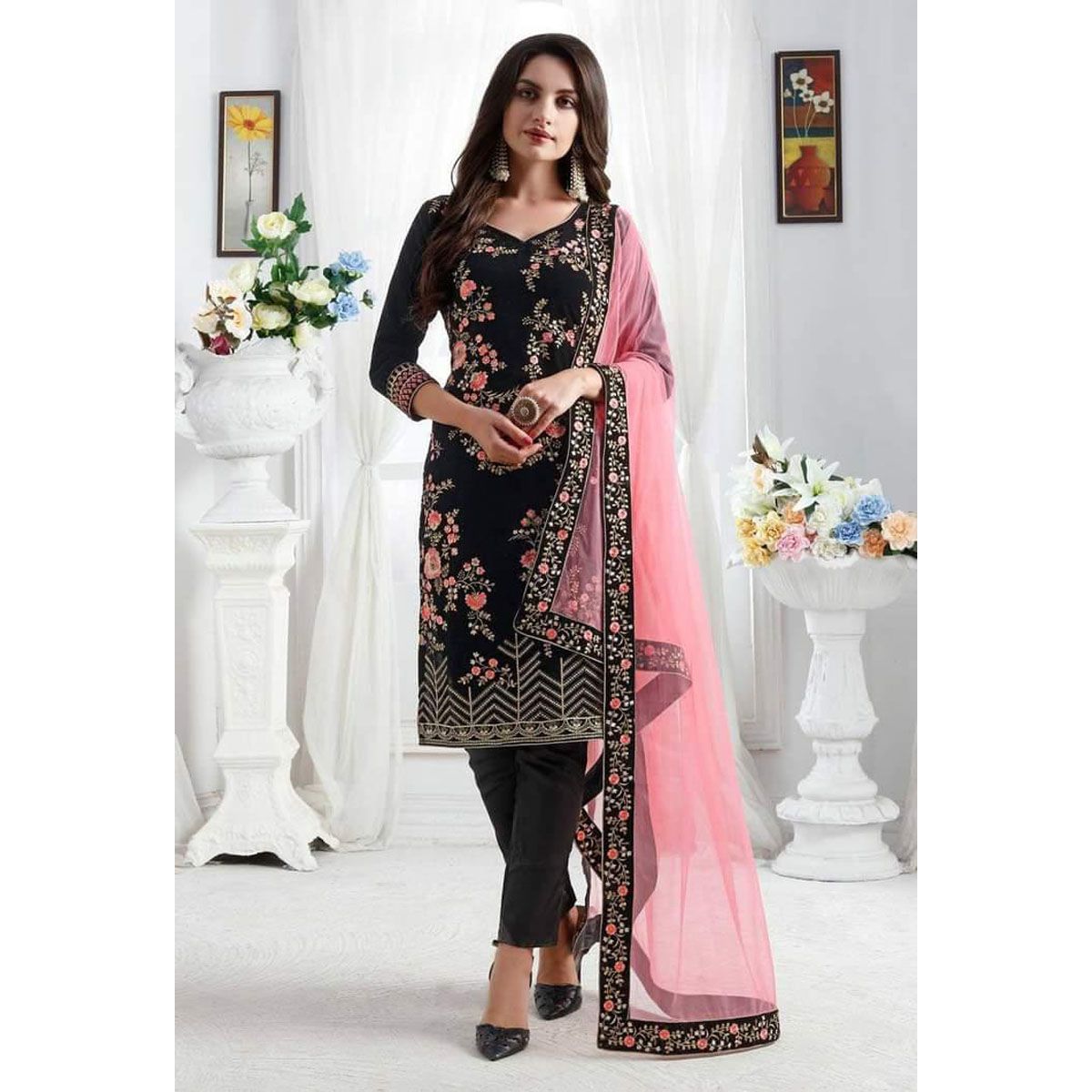 Alita Mart Featuring Exclusive Indian Unstitched Georgette Embroidery Three Piece-Black