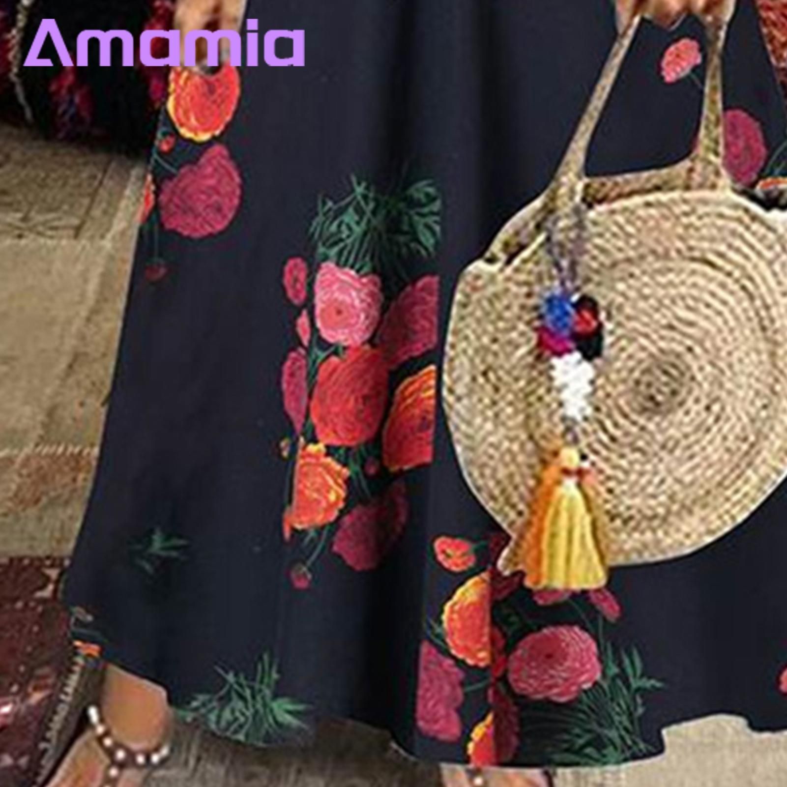 Amamia Women Party Dress Retro Big Hem Flower Print Summer Dress