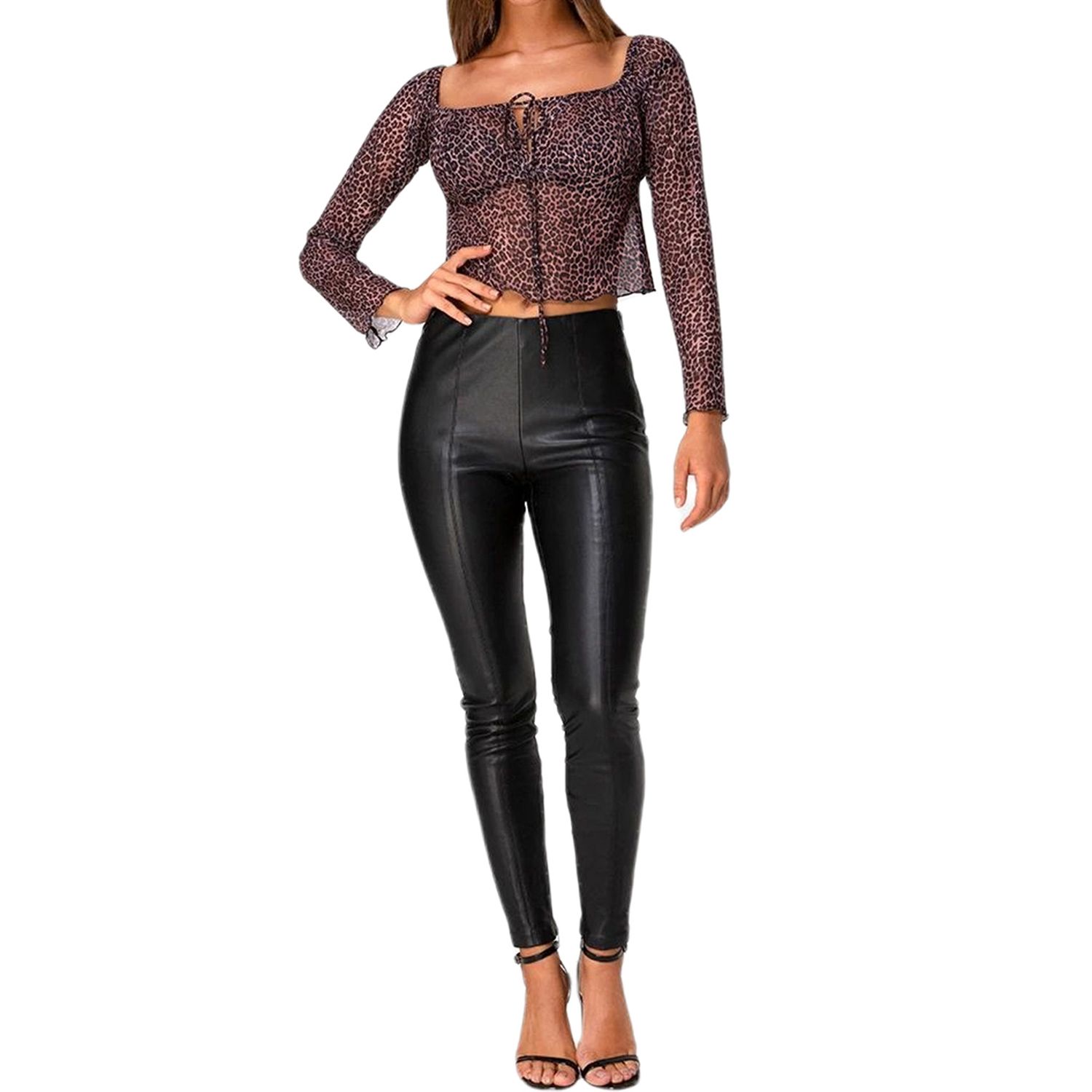 Women Autumn Clothing, Floral Printing Sheer Boat-Collar Long-Sleeves Close-Fitting Crop Top for Girls, Purple/Light Blue/Leopard