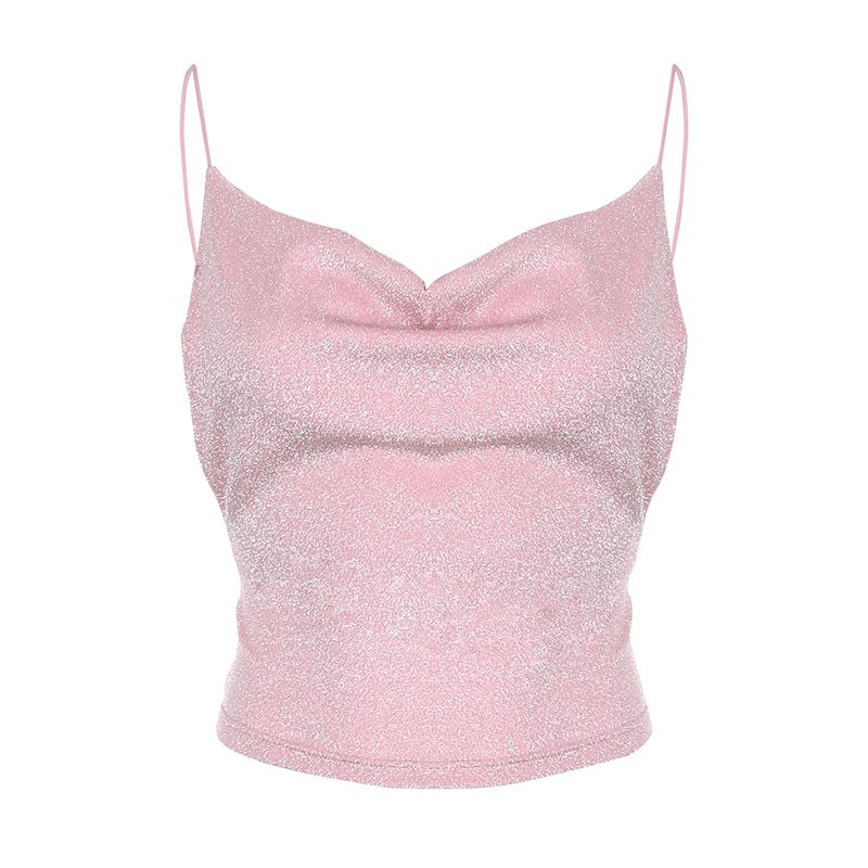 SUCHCUTE Spaghetti Straps female T-shirt Glitter backless tops loose spring 2020 simple women tee chrismas party outfits