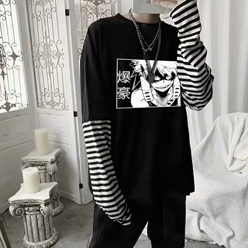 My Hero Academia Bakugo Katsuki T-shirt Summer Harajuku Jn Anime Streetwear Cartoon Summer Long Sleeve Fake Two Piece Tees