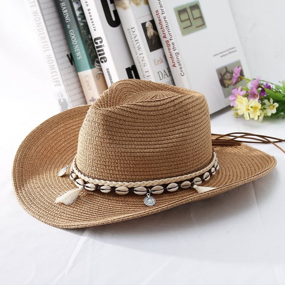 GEMVIE 2019 Shell Tassels Summer Hat Straw Hat for Women Men Western Cowboy Hat Lady Trendy Woven Sun Hat Cap