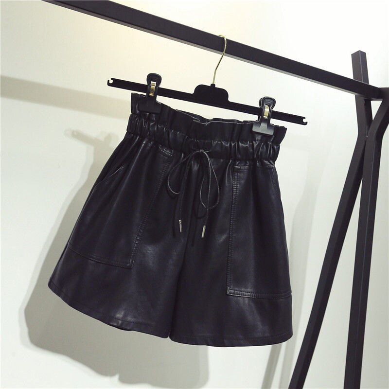 New High Waist Laced Up Shorts Flower Bud Wide Leg Leather Shorts Autumn Winter Korean Loose High Street Black Women Shorts