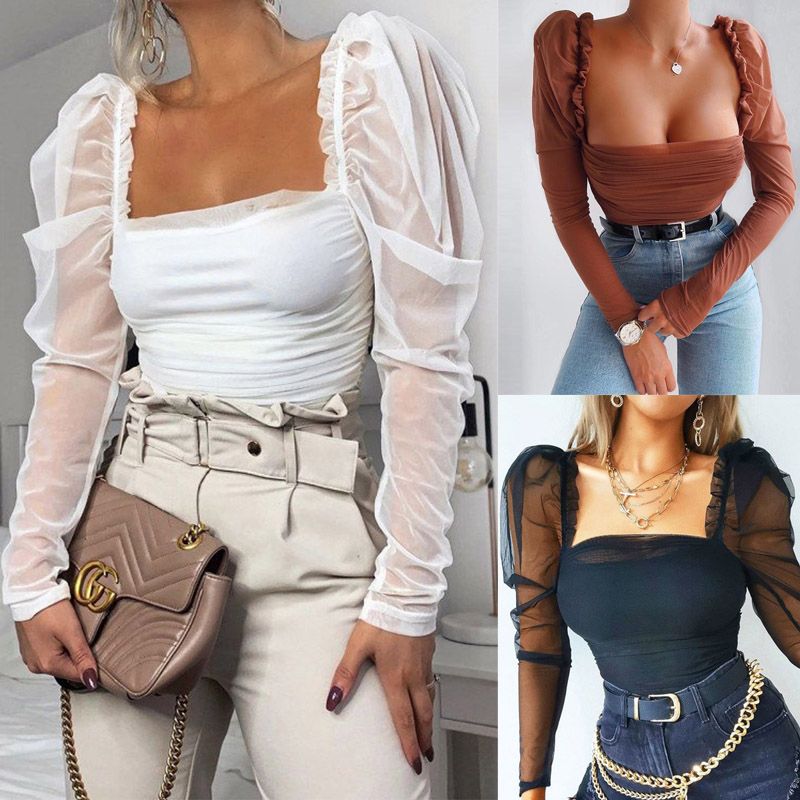 ?Wanita T Kemeja Kasual Solid Mesh Patchwork Puff Lengan Berkerut Blus Tops