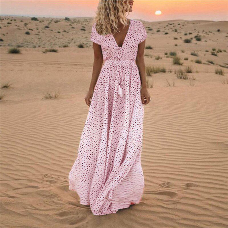 2021 Women Sexy Deep V Neck Tassel Party Dress Fashion Casual Polka Dot Lady Maxi Dress Elegant Summer Beach Long Dress Vestidos