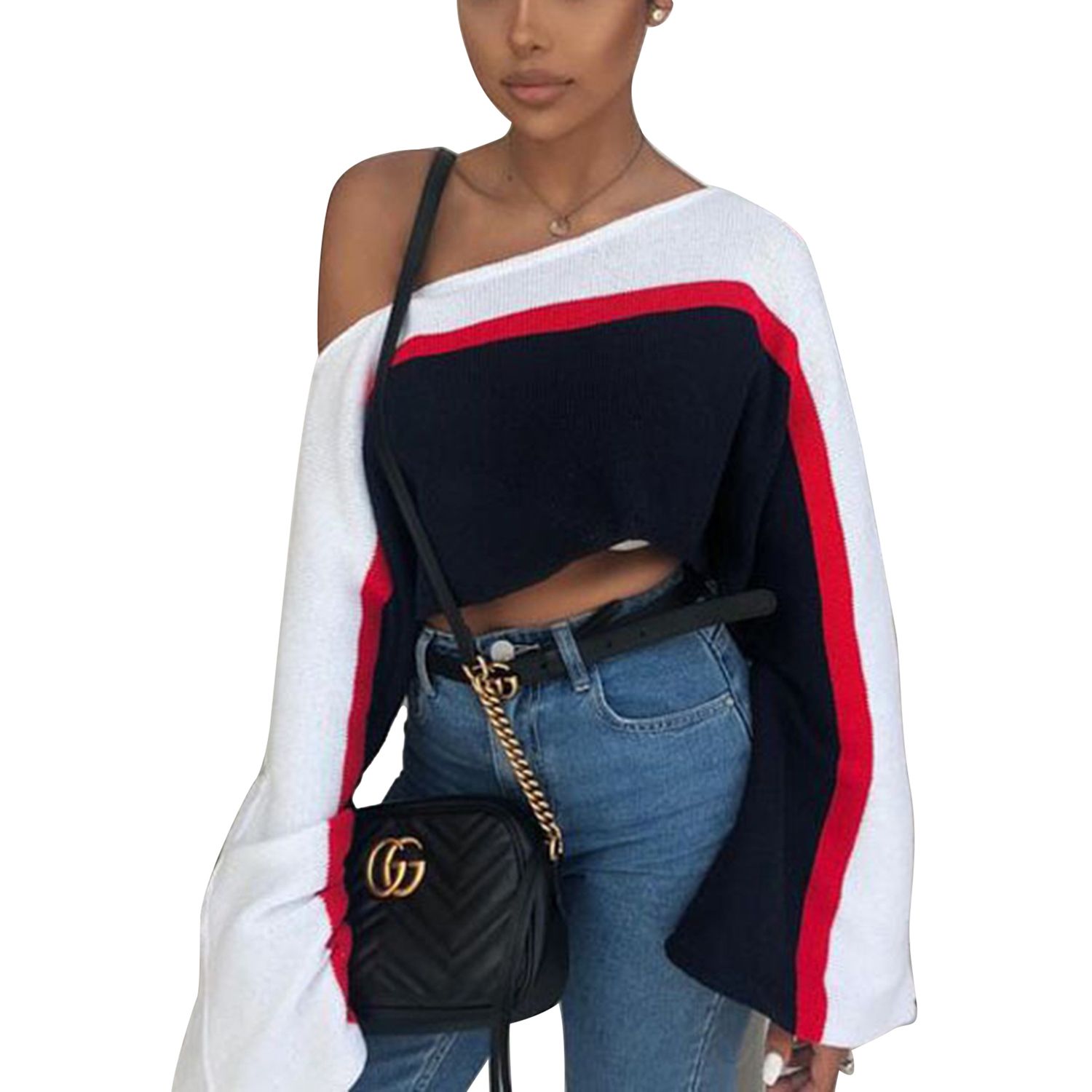 Women Long Sleeve Color Block Top Fashion Long Sleeve Off Shoulder Knitwear for Women Ladies